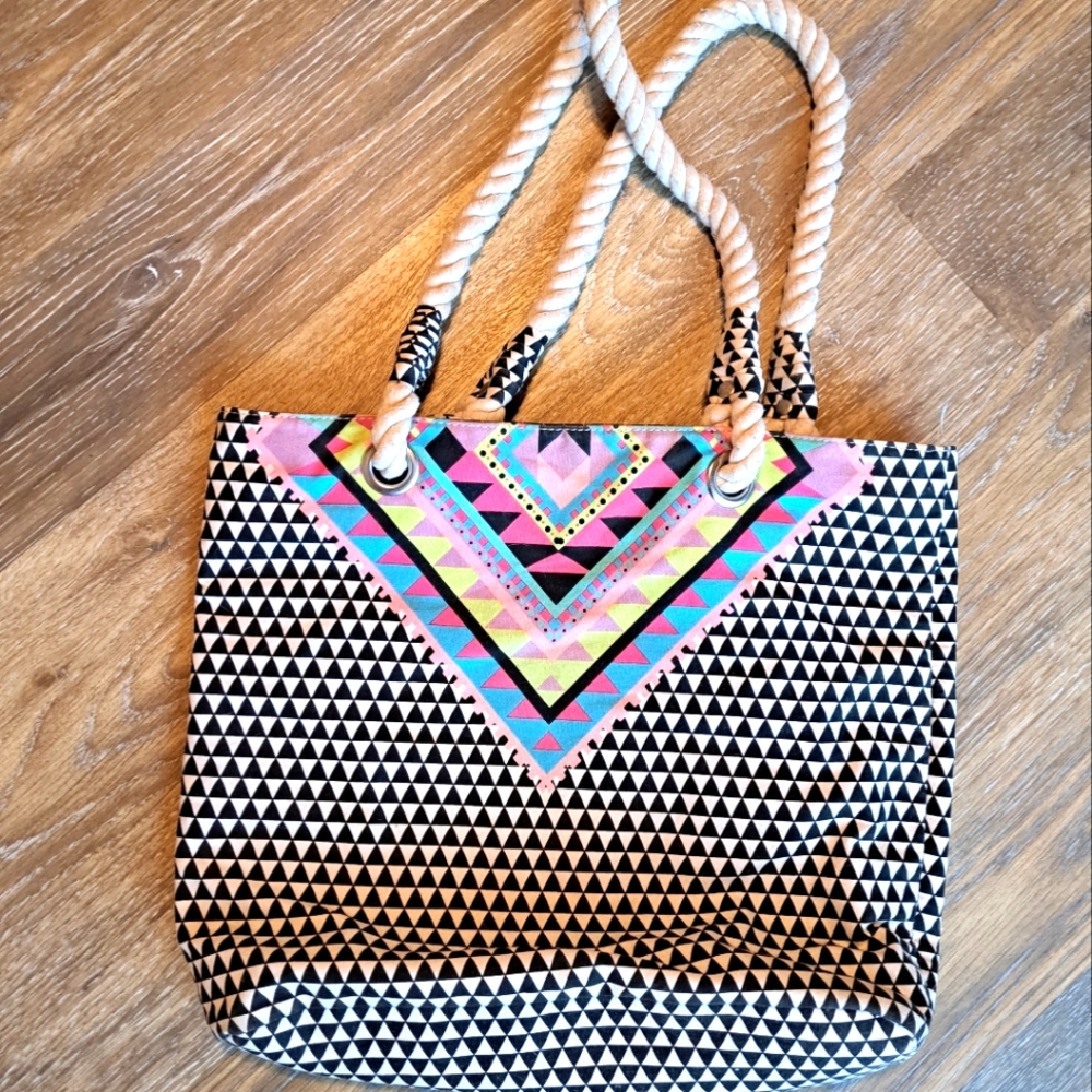 Fabric Beach Bag Tote Purse With Rope Handle